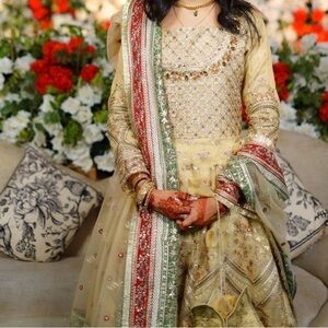 Elegant Gold and Green Embroidered Dress